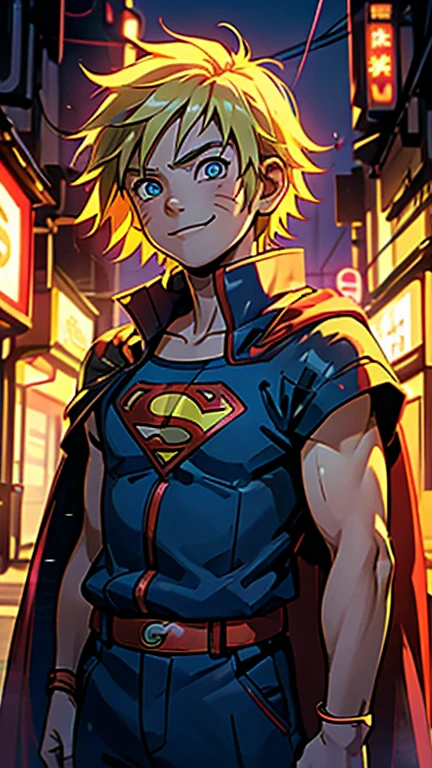 (8k),(masterpiece),(Japanese),(8-year-old boy),((innocent look)),((Childish)),From the front,smile,cute,Innocent,Kind eyes,Flat chest, Uzumaki Naruto wearing Superman Costume, Red Cape,Short,Hair blowing in the wind,Yellow Hair,Strong wind,night,dark, Neon light cyberpunk Konoha village