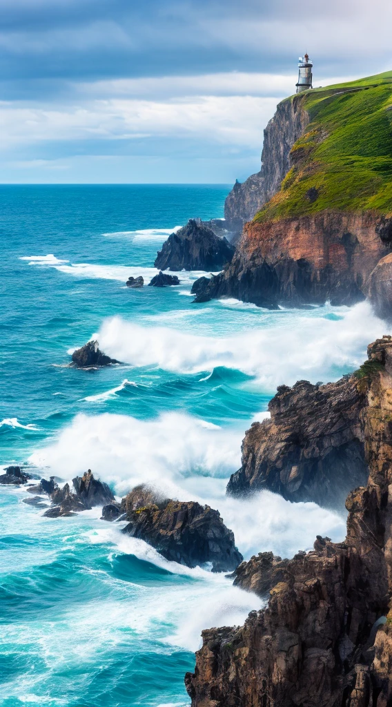 Portray a coastal landscape, where the mountain range stretches out to meet the crashing waves of the sea.. Draw mountains with steep cliffs and lush vegetation., showing off your dramatic presence. Use bold strokes to depict waves, crashing on a rocky shore., capturing the power and energy of the sea. Add seagulls or a lighthouse soaring overhead, perched on a cliff, for additional interest..