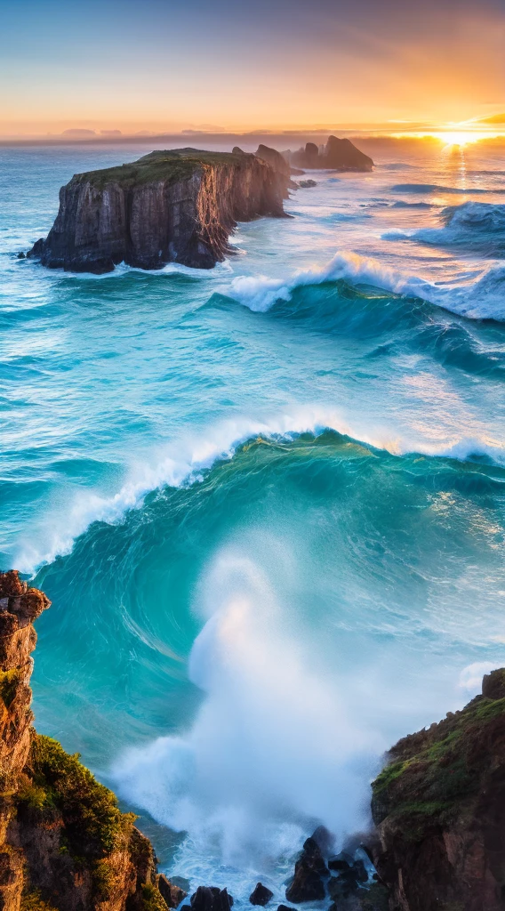 Portray a coastal landscape, where the mountain range stretches out to meet the crashing waves of the sea.. Draw mountains with steep cliffs and lush vegetation., showing off your dramatic presence. Use bold strokes to depict waves, crashing on a rocky shore., capturing the power and energy of the sea. Add seagulls or a lighthouse soaring overhead, perched on a cliff, for additional interest..