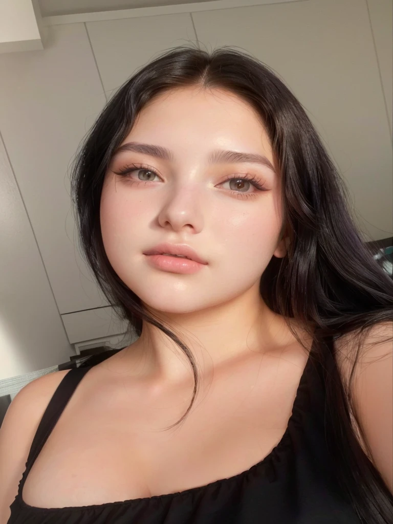 curvy woman with long black hair and black blouse, 18 years old, retrato sophie mudd, violet myers, 1 , 🤤 portrait of , face perfect ), Bella Poarca, Extremely beautiful face, flawless face, no-makeup, 21 years old, beautiful latin face, beautiful fine facial features, 22 years old, detailed flawless face