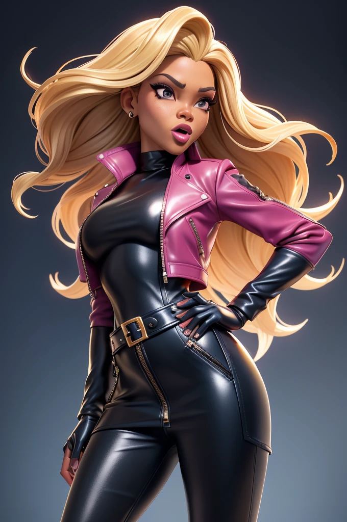 obra prima, melhor qualidade, ((only one woman,)) ((sunny hostin, dark skin, very kinky hair dirty blonde,)) head back, (frown, sassy wicked sultry sneer, open mouth, pucker mouth,) sunglasses, thick smoky black eye shadow, long fake eyelashes, sticking tongue out, ((magenta leather jacket with puff shoulder,)) biker jacket has stiff collar, leather blouse, ((gold silver leather sweater dress, metallic leather sun dress, leather culottes,)) periwinkle blazer length leather coat, ((cerulean blue pvc skirt, pockets, zipper side,)) studs zippers snaps, shiny leather gloves, nip slip, body is skinny, shiny tight buttocks, arched back, camera view of whole body, looking up at me, shallow depth of field, highres, HD, 8k, anatomically correct