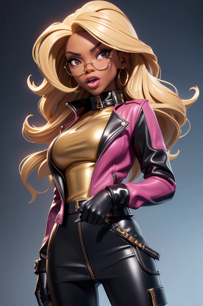 obra prima, melhor qualidade, ((only one woman,)) ((sunny hostin, dark skin, very kinky hair dirty blonde,)) head back, (frown, sassy wicked sultry sneer, open mouth, pucker mouth,) sunglasses, thick smoky black eye shadow, long fake eyelashes, sticking tongue out, ((magenta leather jacket with puff shoulder,)) biker jacket has stiff collar, leather blouse, ((gold silver leather sweater dress, metallic leather sun dress, leather culottes,)) periwinkle blazer length leather coat, ((cerulean blue pvc skirt, pockets, zipper side,)) studs zippers snaps, shiny leather gloves, nip slip, body is skinny, shiny tight buttocks, arched back, camera view of whole body, looking up at me, shallow depth of field, highres, HD, 8k, anatomically correct