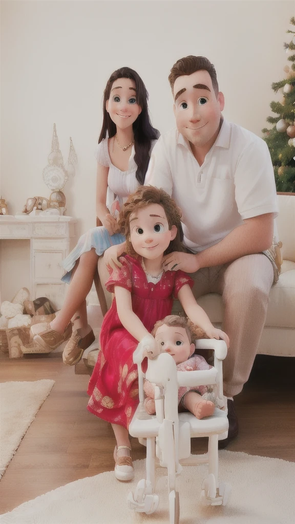 there is a man and woman sitting on a couch with a baby, family photography, portrait image. Disney style. 0.45