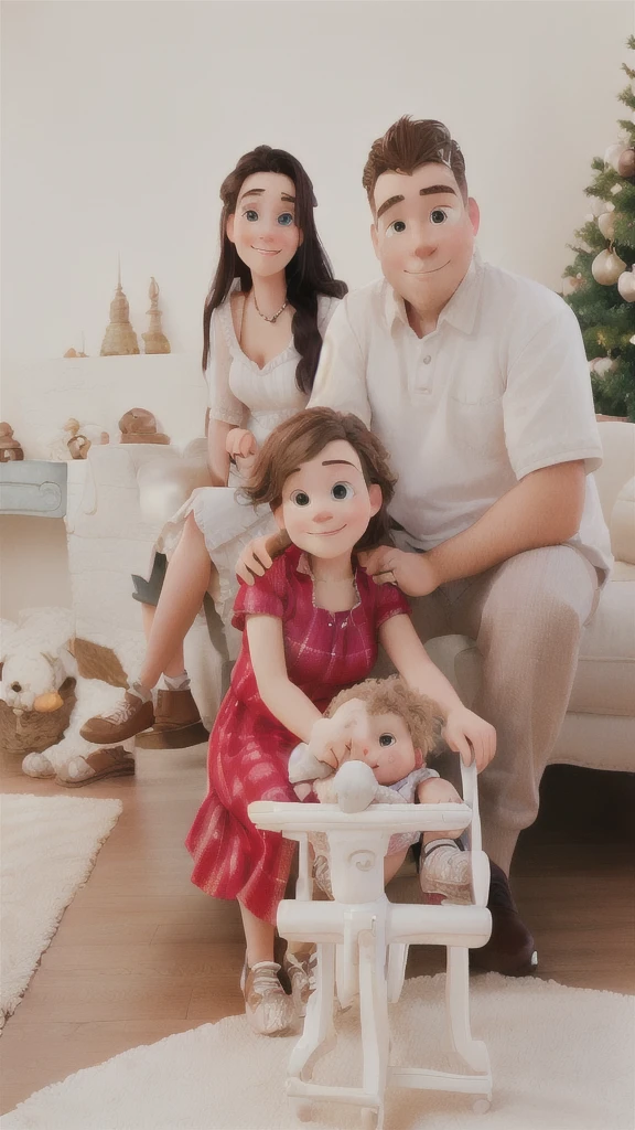 there is a man and woman sitting on a couch with a baby, family photography, portrait image. Disney style. 0.45