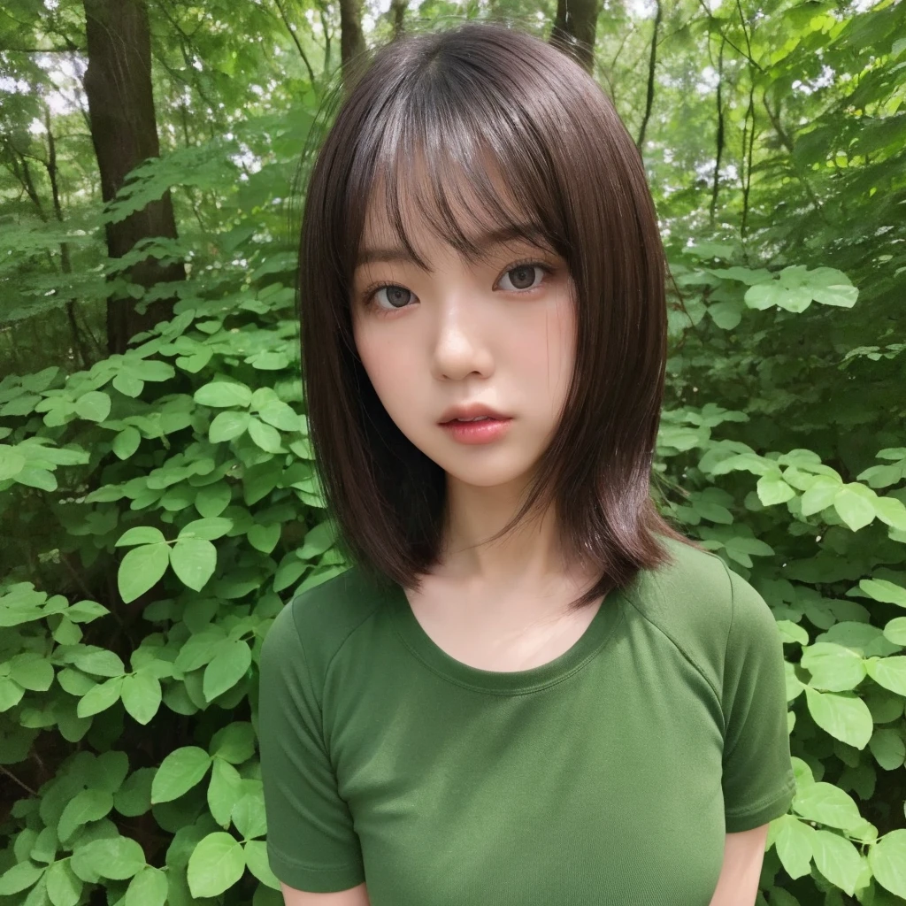 (((hd closeup photo))),one standing Aimi Rin looking at camera,25 years old, (((Aimi Rin))), in forest