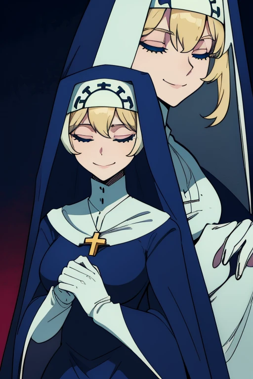 Double, short blonde hair, medium breasts, solo, smiling, cowboy shot, closed eyes, 
 blue habit, cross necklace ,long sleeves, cape, cloak, robe, white gloves, long skirt, nun, 
(insanely detailed, beautiful detailed face,beautiful detailed eyes, masterpiece, best quality) 
   