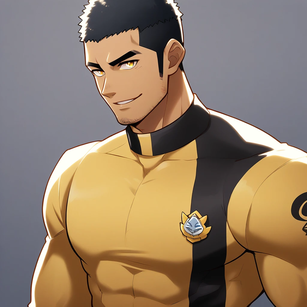 anime characters：Gyee, Young Muscle Sports Student, negro black skin, Buzz Cut, Manliness, male focus, Dark yellow long sleeve tight T-shirt, Slightly transparent texture, Very tight, Slightly transparent, muscular male, muscular, only, Upper body, alone, Black short hair, Thick eyebrows, stubble, Yellow eyes, Grey background, simple background, amazing quality, best aesthetics, Ridiculous, bright pupils, crew cut, parted lips, seductive smile, torogao, naughty face, best quality