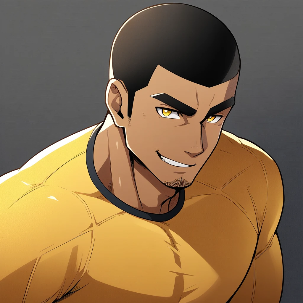 anime characters:Gyee, Young Muscle Sports Student, negro black skin, Buzz Cut, Manliness, male focus, Dark yellow long sleeve tight T-shirt, Slightly transparent texture, Very tight, Slightly transparent, muscular male, muscular, only, Upper body, alone, Black short hair, Thick eyebrows, stubble, Yellow eyes, Grey background, simple background, amazing quality, best aesthetics, Ridiculous, bright pupils, crew cut, parted lips, seductive smile, torogao, naughty face, best quality