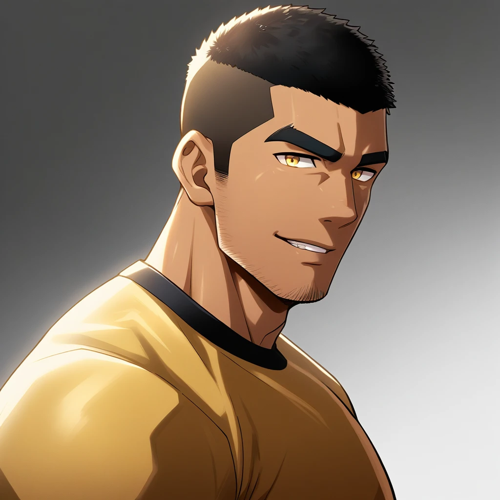 anime characters:Gyee, Young Muscle Sports Student, negro black skin, Buzz Cut, Manliness, male focus, Dark yellow long sleeve tight T-shirt, Slightly transparent texture, Very tight, Slightly transparent, muscular male, muscular, only, Upper body, alone, Black short hair, Thick eyebrows, stubble, Yellow eyes, Grey background, simple background, amazing quality, best aesthetics, Ridiculous, bright pupils, crew cut, parted lips, seductive smile, torogao, naughty face, best quality