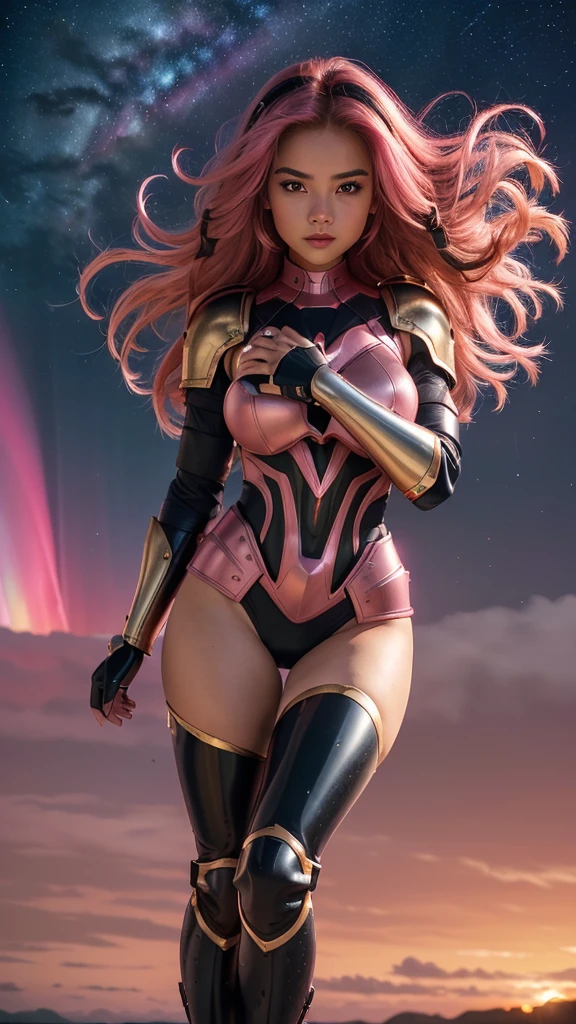 ((best quality)), ((masterpiece)), (ultra detailed lights), ((full body shot)), indonesian girl, extremely beautiful, ultra face details, 20 years old, ((pink curvy-hair)), ((hair blown by strong winds :1.3)), Award-winning photograph, photography of a teen girl, slim face, extremely beautiful, ultra details armor, ultra details skin, sharp armor texture, crisp picture, ((full make ups)), ((pink blushing)), ((red lips)), ((wearing tight steel-armor)), ((full body armor)), ((tight latex panty)), ((thighs armor)), ((slim body shape)), ((24k-gold and black armor)), no head cover, ((symmetrical body pose)), model posing in the middle, night at beach, full of stars, red clouds, nebula, ((aurora borealis)), shooting stars, from below