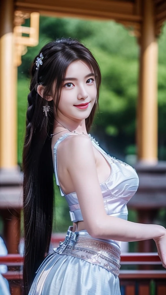 8K, masterpiece, RAW photos, best quality, Reality, extremely detailed CG unity 8K wallpaper, Depth of Field, light, lens flare, Ray Tracing, (Extremely beautiful face, Beautiful lips, beautiful eyes), Complex facial details, ((Ultra-delicate skin)) , Beautiful Asian girl, ((Looking at the audience)),(big Smile), (Blurred background), midnight, (pretty girl), earrings, bracelet, necklace, Clear eyes, (Pale skin), Facing forward, (big eyes), (Looking at the audience), Large Breasts ,((Smile)), blue eyes, Shiny Dress, Open your heart, balcony, Very slim, (Medium buttocks), Open your heart Ancient Chinese architecture,Chinese style beauty,Wear revealing Hanfu,Simple clothes, Simple style,Chinese and American mixed race,Background blur,focus,light, Seven Figures,(((tmasterpiece))), ((Best quality)), ((Complex and meticulous)), ((Surrealism)), Ridiculous resolution, , Mature woman, transparent, Very detailed, Implications, 1 Girl, (Medium breasts), Thin waist and thick hips,Long Law,Beautiful and delicate eyes, Short and delicate hair, Dark brown hair, Purple Eyes, black,lacy clothing,Hip-covering skirt,Tights,Vaguely visible,Cool clothes,Perfect body proportions,(No underwear),Detailed background, Perfect eyes,,Looking at the audience,From the front,Wear lightly,Juicy legs,Deep V,
