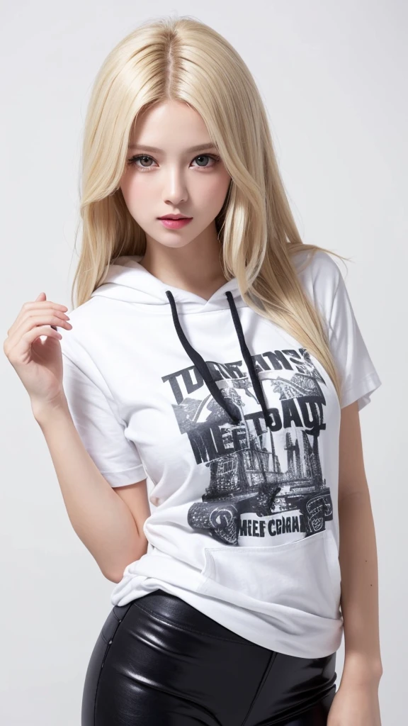 (((forehead、White Blonde Hair、Northern Europe、White people、beautiful girl、Blonde、White background、T-Shirts、hoodie、Tight pants、long hair)))、table top, highest quality, figure, super detailed, finely, High resolution, 8k wallpaper, Perfect dynamic composition, detailed and beautiful eyes, Deco out,bionde, medium hair, super big breasts, Natural color lip,white background, random cute poses,frill dress