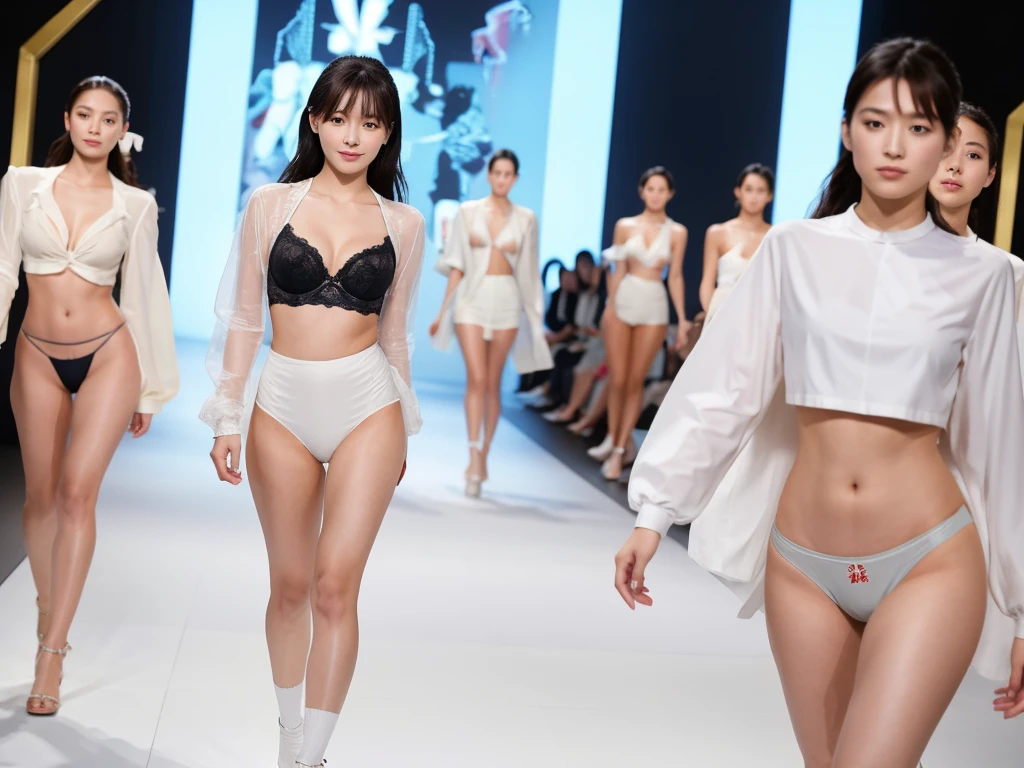 A live-action photo of an extremely beautiful Japanese high school girl race queen who highlights her large breasts and beautiful legs.、Photographed walking down the runway at a fashion show wearing the latest BRADELIS New York lingerie.、She is an eternal idol who combines a clean look with modern charm.。 She creates such beauty。 She feels her own warmth。 She creates a warm atmosphere。 We create beauty。 That's what I want to say。 In her full body photo、The figure features porcelain-like skin and golden hair that radiates a soft glow.。 This is probably、It captured the essence of her timeless charm.、This is the best shot ever.。 Each straight line and curve is carefully expressed.、Breathtakingly beautiful with impeccable detail。 This piece perfectly captures her timeless beauty.。 Divine Proportions、Sharp focus、Full-body photo taken by Kishin Shinoyama、high quality、High resolution、Detailed Background