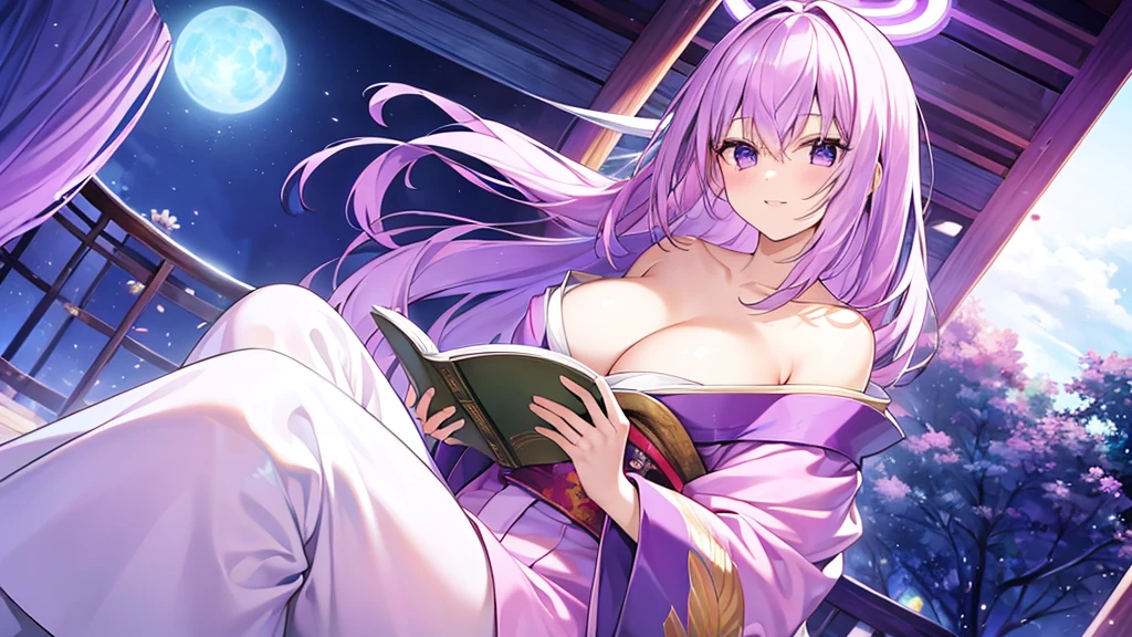 woman clear Light purple hair kimono Anime Style reading Literature
