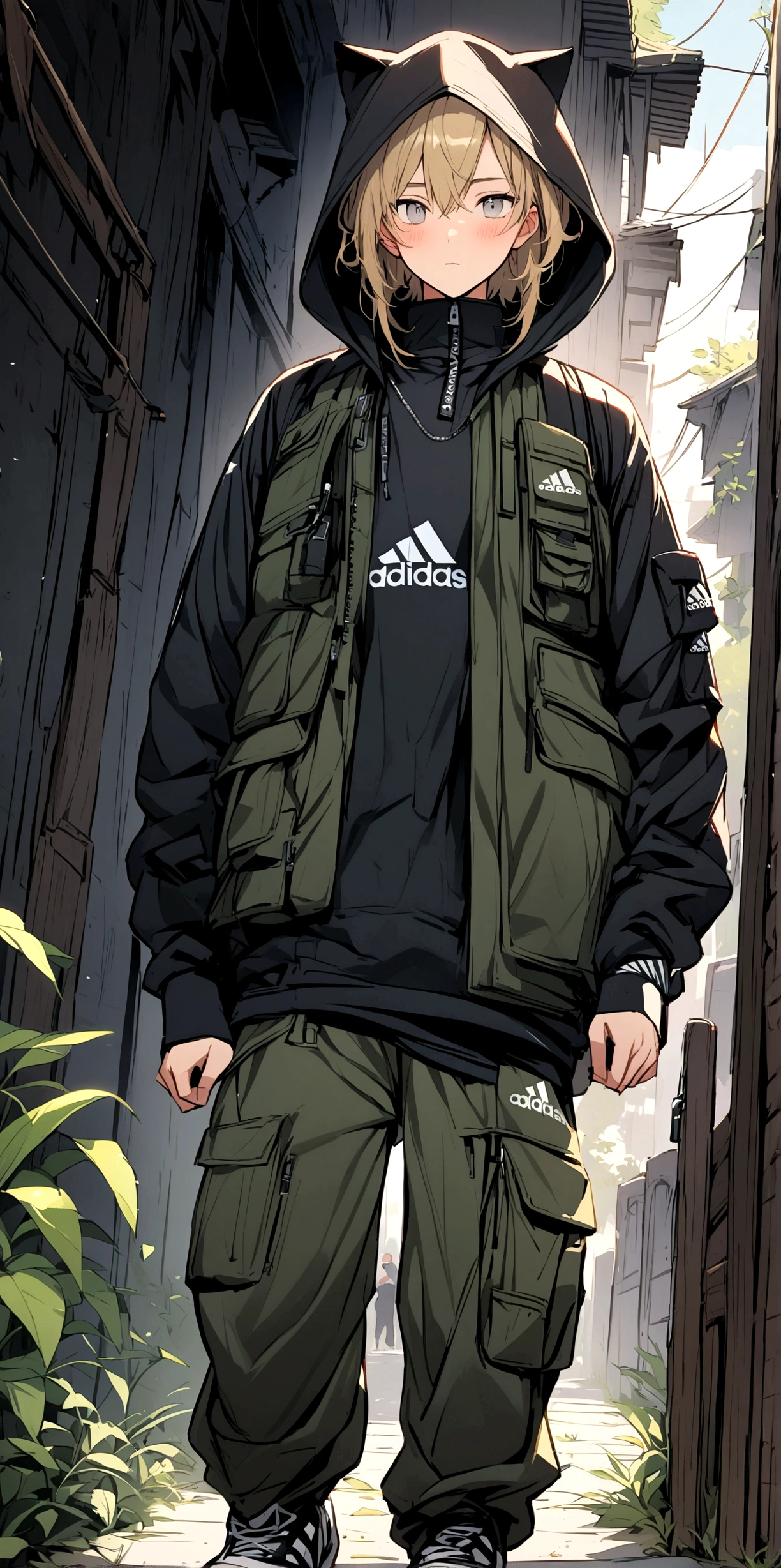 (AS-Young:1.1), (1boy:1.3), (male focus:1.3), (solo:1.1), solo focus,
masterpiece, ((exquisite_detail)), illustration, (handsome), extremely_detailed_CG,
grey eyes, golden hair,
short shorts, simple background, 
black hoodie, (hood up:1.1), adidas, standing, cat ears, (cargo pants:1.1), lace-up boots, 
blush, (bulge:1.1), (adidas:1.0), long sleeves, techwear,