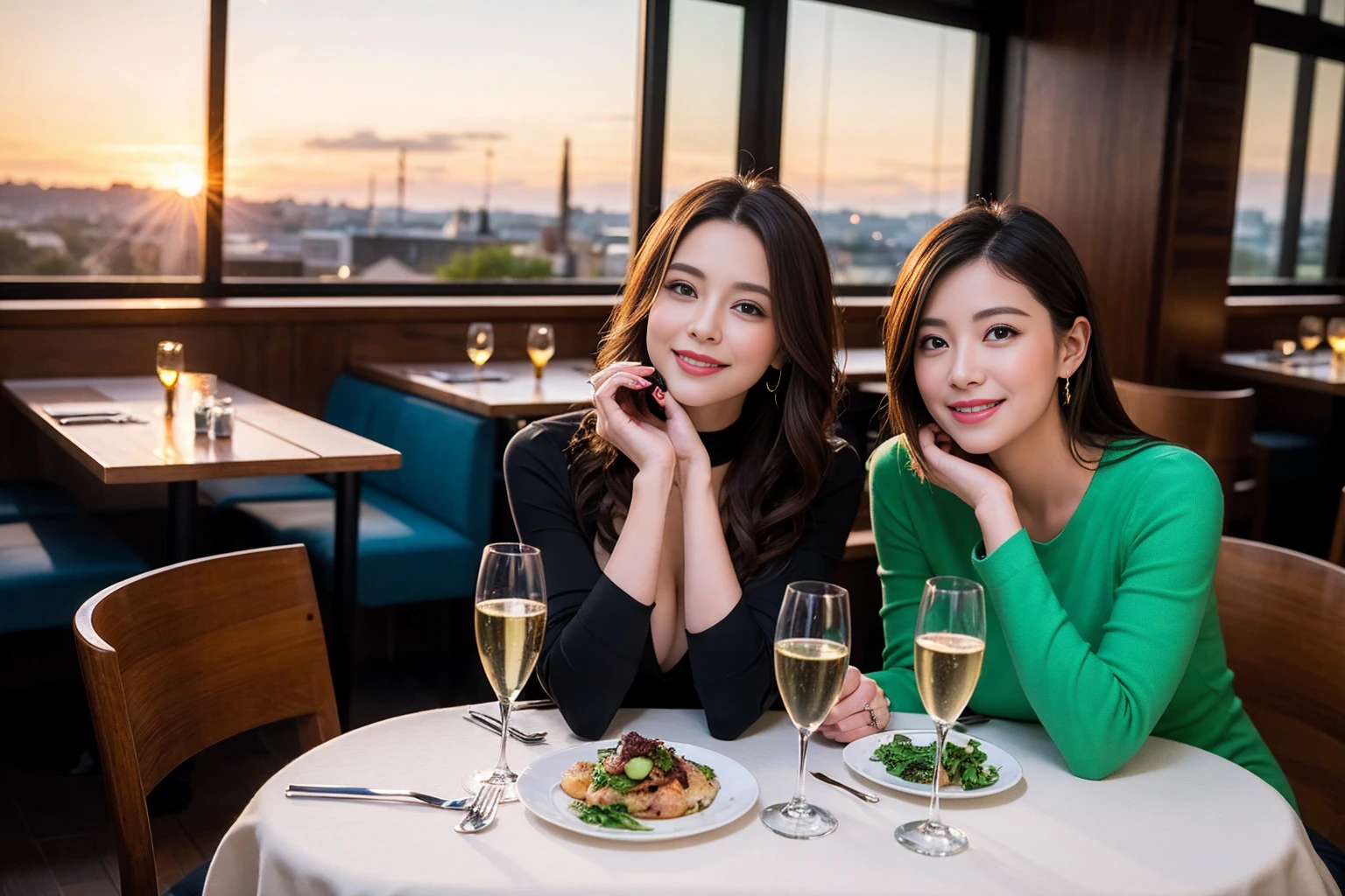((Highest quality、8K、masterpiece:1.3))、1 male 1 female、Slim lover、Beautiful couple、Smile、full-course dinner、 (Slim face), (the body is スリム), (Brown Hair), (Shortcuts), テーブルの上のwine glass、Shine light on your face、 Amazing view of the sunset sky and clouds、The beauty of a smile、Bright image、Blushing, Shortcuts, (Age 35), 39 years old, Appetizers、Italian food、Wine bottle、Champagne、sparkling wine、Long sleeve shirt、dress、Attractive beauty、restaurant, Nova Frog Style, actress, model, Upper Body, White wine, red wine, wine glass,