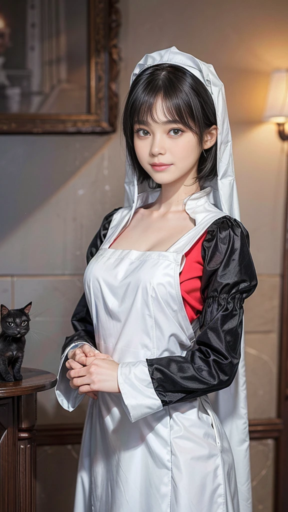 best quality,Super detailed,masterpiece,Employment,8K,Extremely detailed CG unifies 8K, 8K, diamond, and wallpaper,lifelike, Surreal, The original, Intricate details,Detailed face,Exquisite eyes, Skin smooth and soft, Delicate face, Big shining eyes,1 beautiful girl, 18 years old, Super beautiful face details, Smiling shyly, Medium breasts, 01 (Black shorthair cat:1.3), (A 20-year-old female), (Surrealism), (masterpiece), (8 Kurds), Beautiful woman, a smile, (Wearing a white maid outfit:1.3), Chest, Standing in a Maid Cafe