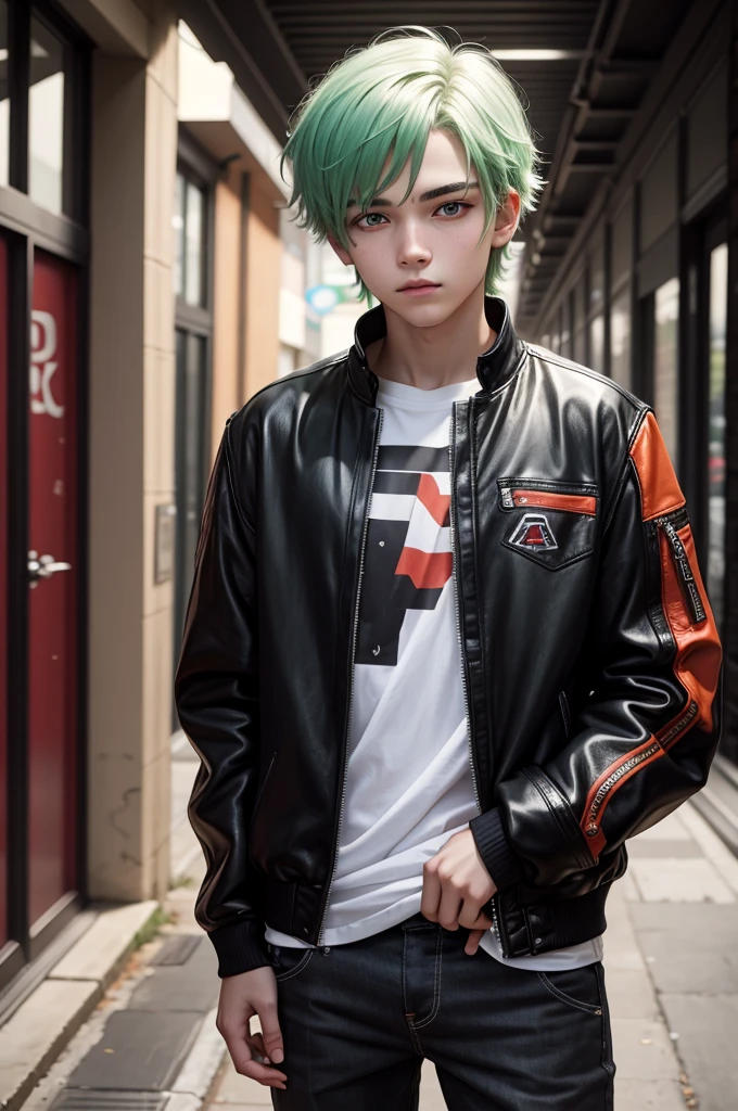 young teenage man with pale skin, completely WHITE eyes, green hair with some strands painted orange and red, wearing casual and comfortable clothes, wearing a black leather jacket with his hands inside the pockets