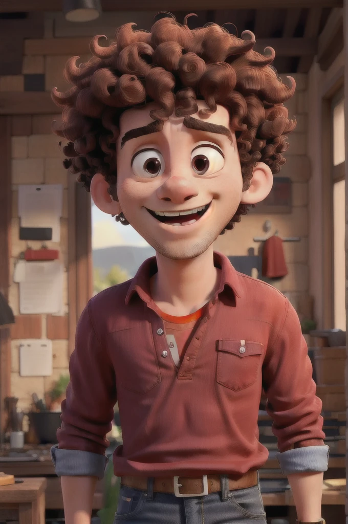 Man with red shirt, jeans and curly hair Open mouth