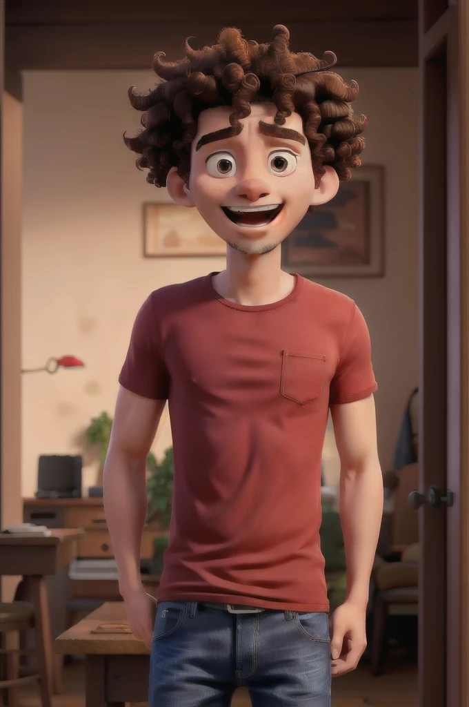 Man with red shirt, jeans and curly hair Open mouth