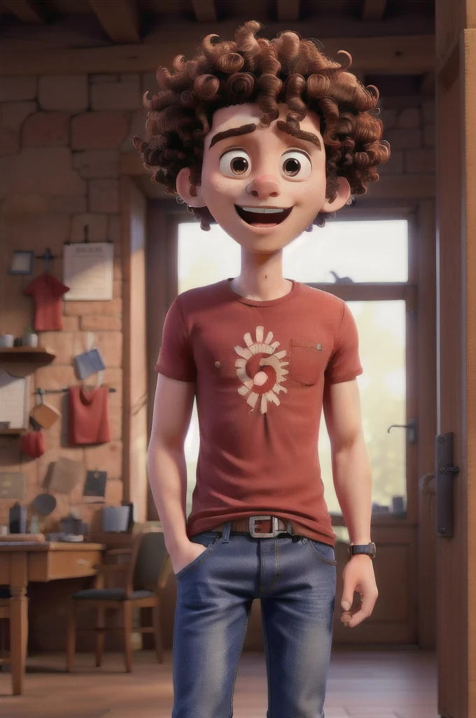 Man with red shirt, jeans and curly hair Open mouth