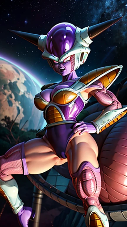 frieza(Dragon Ball Z) gender bend, flawless skin, accurate skin texture, big breasts, deep cleavage, big round ass, round Buttocks, cameltoe, wide hips, leg spread apart, her hips swaying, white skimpy armor, anime eyes dragon ball z, frieza eyes, purple nipples, laughing, frieza spaceship