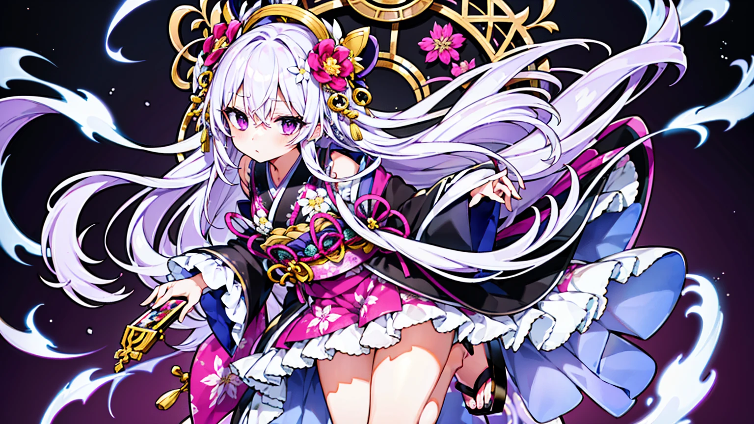 The character in the image features a highly ornate and detailed design. They are wearing a kimono with multiple layers around the collar, displaying shades of white, pink, and purple, with intricate flower patterns and dark to light gradient. The sleeves are wide and flow downward, and there appears to be a dark undergarment peeping beneath the kimono folds.
Around the waist is a multi-tiered, bow-like accessory that transitions from purple to black, and appears to have some form of white lace or cloth cascading down the sides. To the side is a distinctive dark purple with blue trim, fanned ornament with a gold centerpiece, resembling an ancient Japanese fan or a related ceremonial item.
The character's long black hair flows down to the feet and seems semi-transparent towards the ends. It’s adorned with large purple flowers, possibly irises, which match the color scheme of the kimono. These flowers are complimented by smaller white flowers with yellow centers that are woven into the hair.
The character's footwear consists of what could be traditional Japanese geta, sandals with a white base and a red strap. Visibly, the character is standing on what looks like a water surface, adding to the mystical or serene aura of the design.