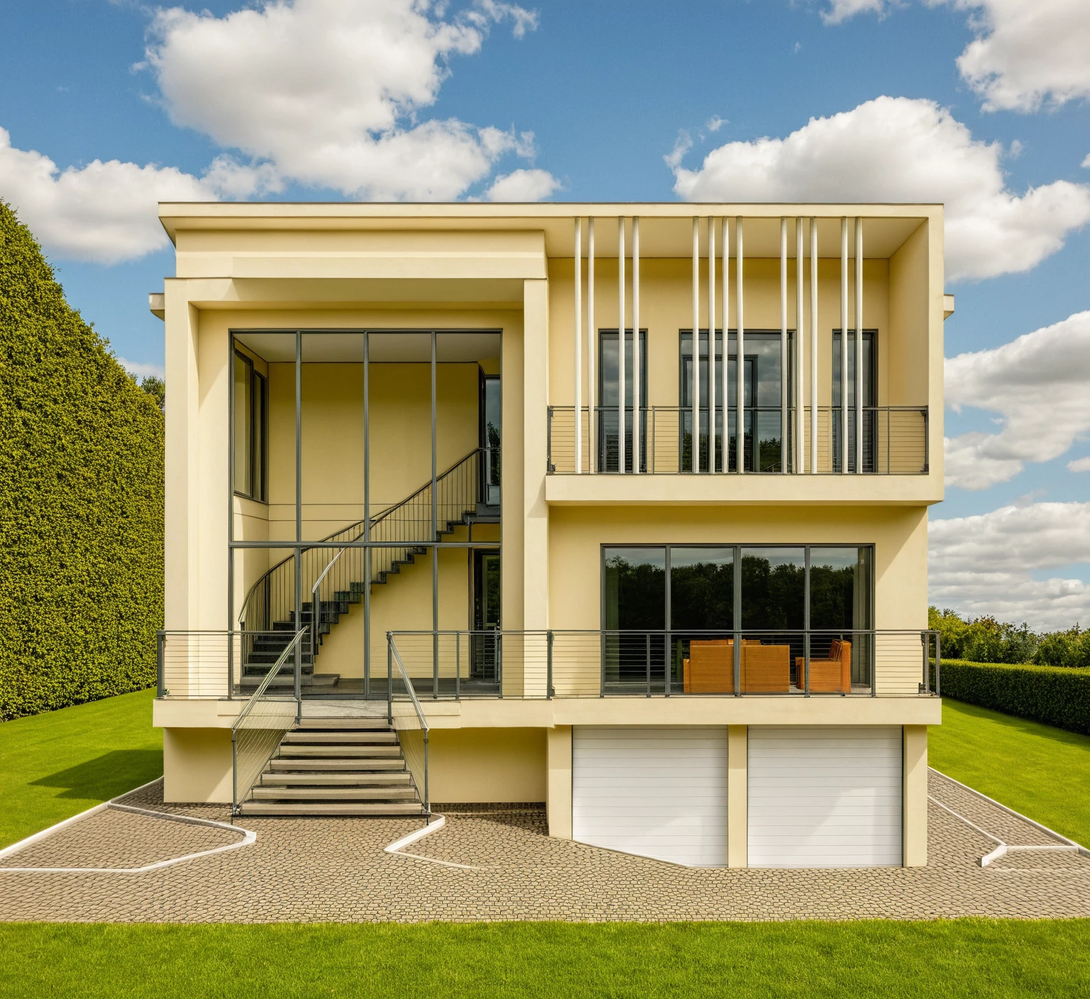 artwork, High quality, Best quality, authentique, Great detail, En plein air, villa de plain-piedXL, credit group, style de maison moderne dans la rue ,escaliers, mur blanc ,route,pavement, herbe, des arbres, ciel, nuage, (day light:1.1)