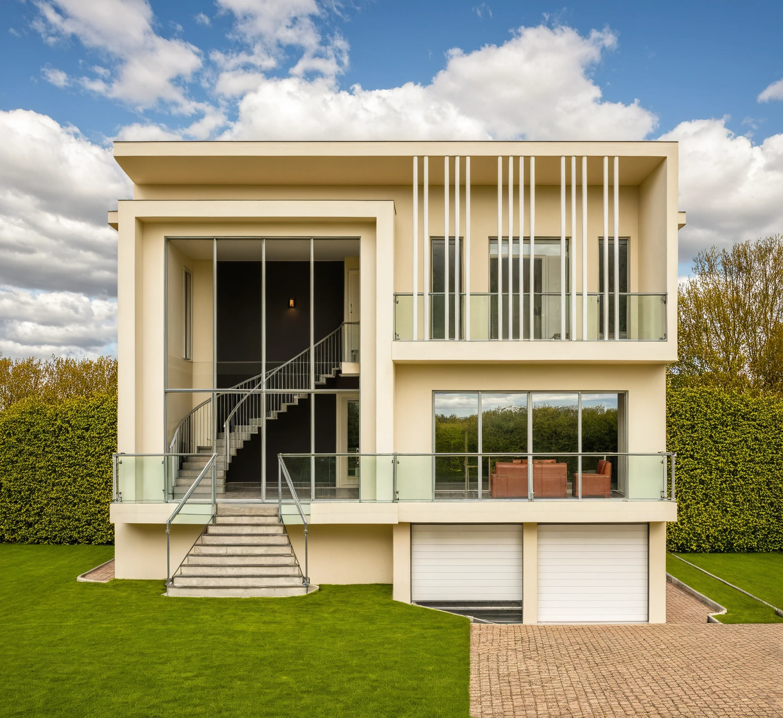 artwork, High quality, Best quality, authentique, Great detail, En plein air, villa de plain-piedXL, credit group, style de maison moderne dans la rue ,escaliers, mur blanc ,route,pavement, herbe, des arbres, ciel, nuage, (day light:1.1)