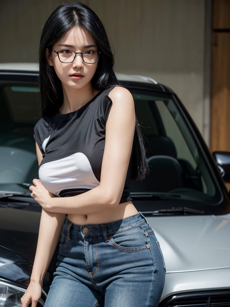 1girl, medium breast, black hair, green eyes,high quality, ultra detailed, masterpiece, realistic, wearing black t-shirt, t-shirt, jeans, undress jeans, standing,modeling pose, use white glasses, big curved body, super detail, 32K