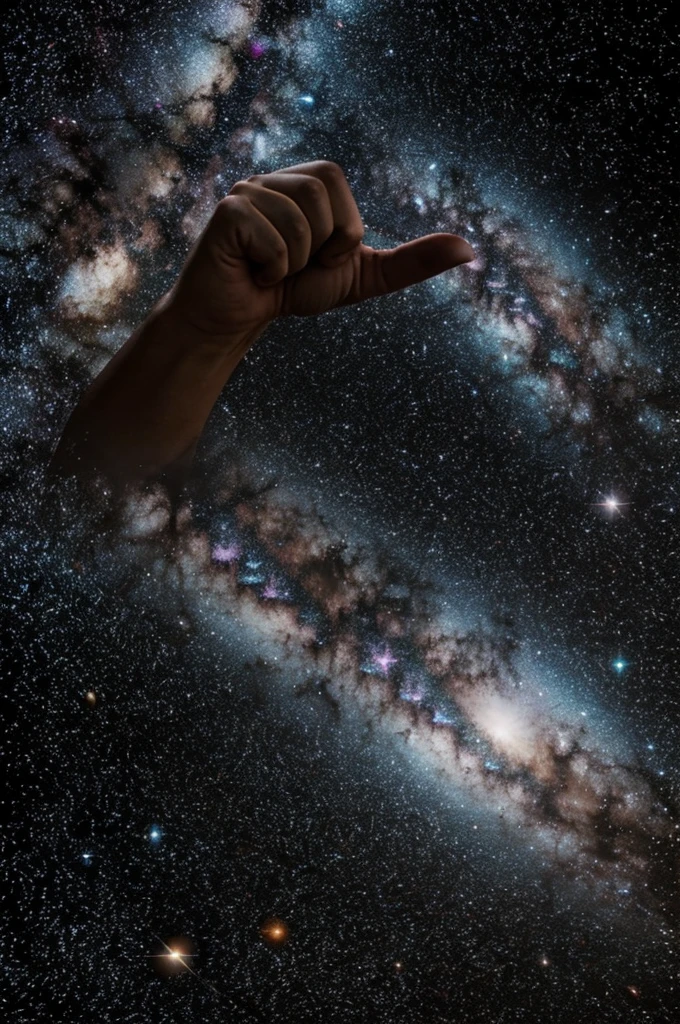 A fist and a galaxy in the background 