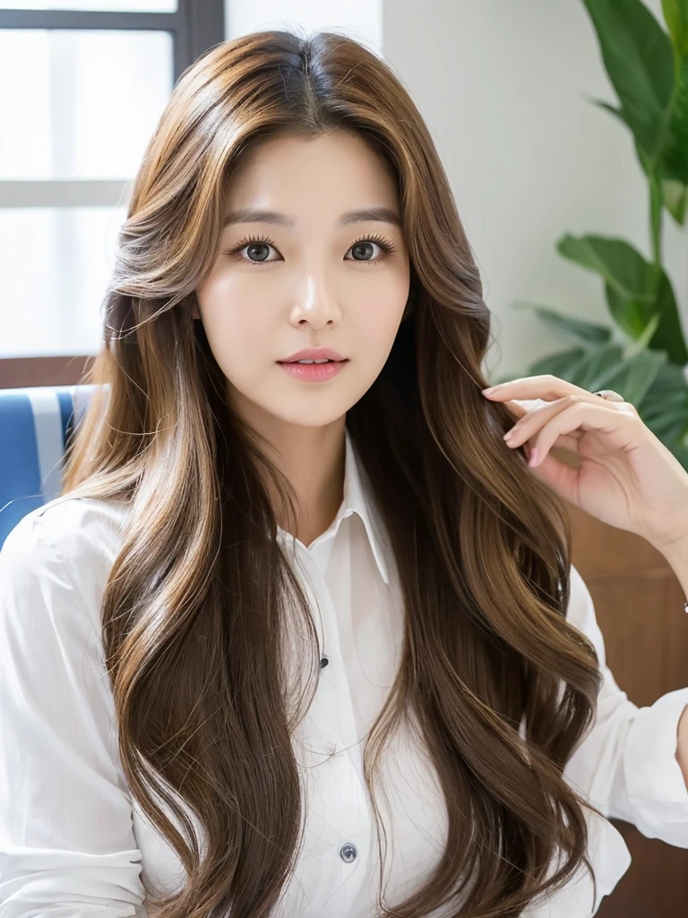 {2.5D art style} Han Julie is a young Korean woman in her 30s. Her hair is long and wavy in a dark blonde colors.
Her face is oval and marked by her large brown eyes, which carry a cold, unexpressive face. Her skin is radiant and clear, presenting an impeccable state of health and her curved lips.
Her height is medium, her body athletic and defined, with the most charming and provocative. It contrasts and matches their personalities.
She is in her office at the company wearing a navy jeans and white shirt.