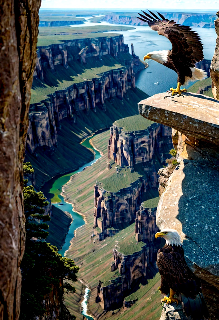 Eagle observing its surroundings from the top of a cliff, with a vast valley below.