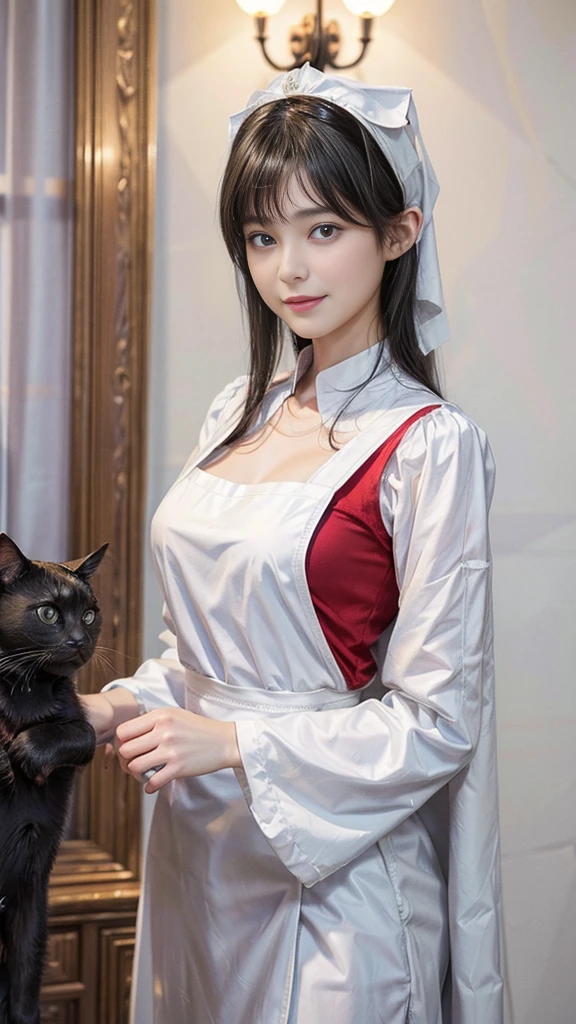 best quality,Super detailed,masterpiece,Employment,8K,Extremely detailed CG unifies 8K, 8K, diamond, and wallpaper,lifelike, Surreal, The original, Intricate details,Detailed face,Exquisite eyes, Skin smooth and soft, Delicate face, Big shining eyes,1 beautiful girl, 18 years old, Super beautiful face details, Smiling shyly, Medium breasts, 01 (Black shorthair cat:1.3), (A 20-year-old female), (Surrealism), (masterpiece), (8 Kurds), Beautiful woman, a smile, (Wearing a white maid outfit:1.3), Chest, Standing in a Maid Cafe