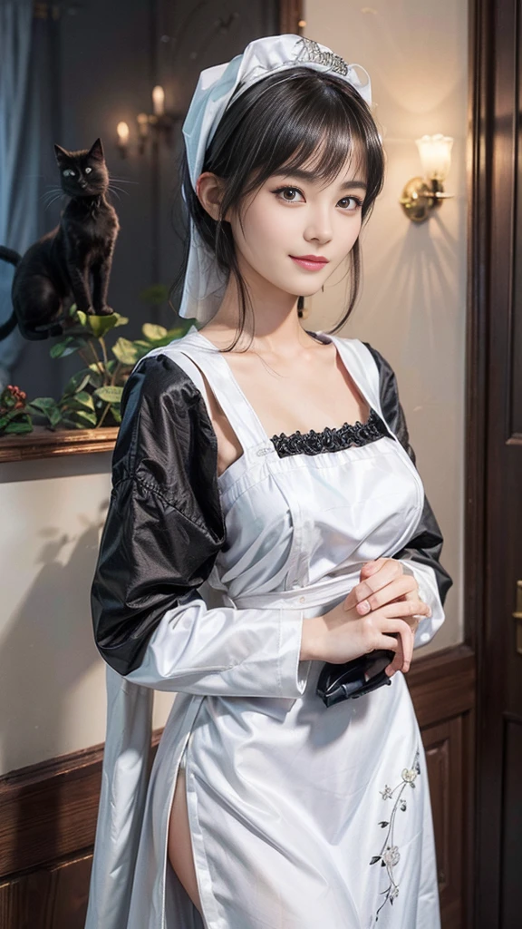 best quality,Super detailed,masterpiece,Employment,8K,Extremely detailed CG unifies 8K, 8K, diamond, and wallpaper,lifelike, Surreal, The original, Intricate details,Detailed face,Exquisite eyes, Skin smooth and soft, Delicate face, Big shining eyes,1 beautiful girl, 18 years old, Super beautiful face details, Smiling shyly, Medium breasts, 01 (Black shorthair cat:1.3), (A 20-year-old female), (Surrealism), (masterpiece), (8 Kurds), Beautiful woman, a smile, (Wearing a white maid outfit:1.3), Chest, Standing in a Maid Cafe