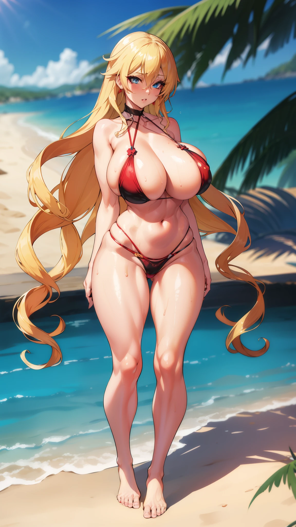 blue eyes,very long hair, huge cleavage,,blonde hair,sweat,girl,,wide hips,view viewer,,,narrow waist,, eyelashes, eyeshadow, lips,, 8k, hdr, raytracing,beach,red competition swimsuit,full body,young face