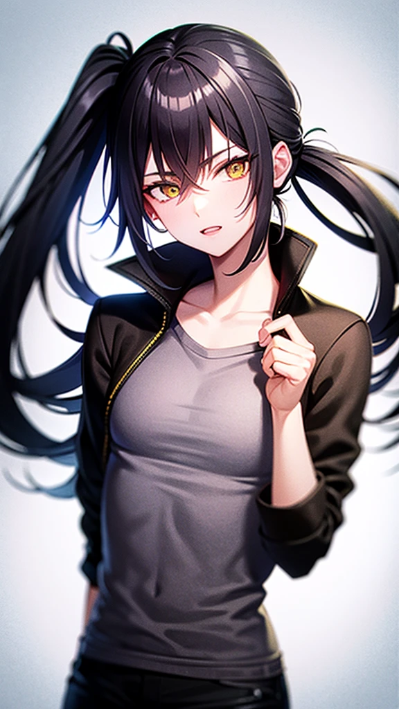 Male character with black hair with a half ponytail and a yellow jacket black eyes u. Black collar, black shirt, anime style, manga style and long hair that is from an anime drawing. With a black shirt with yellow earrings and a yellow jacket with blood. 
