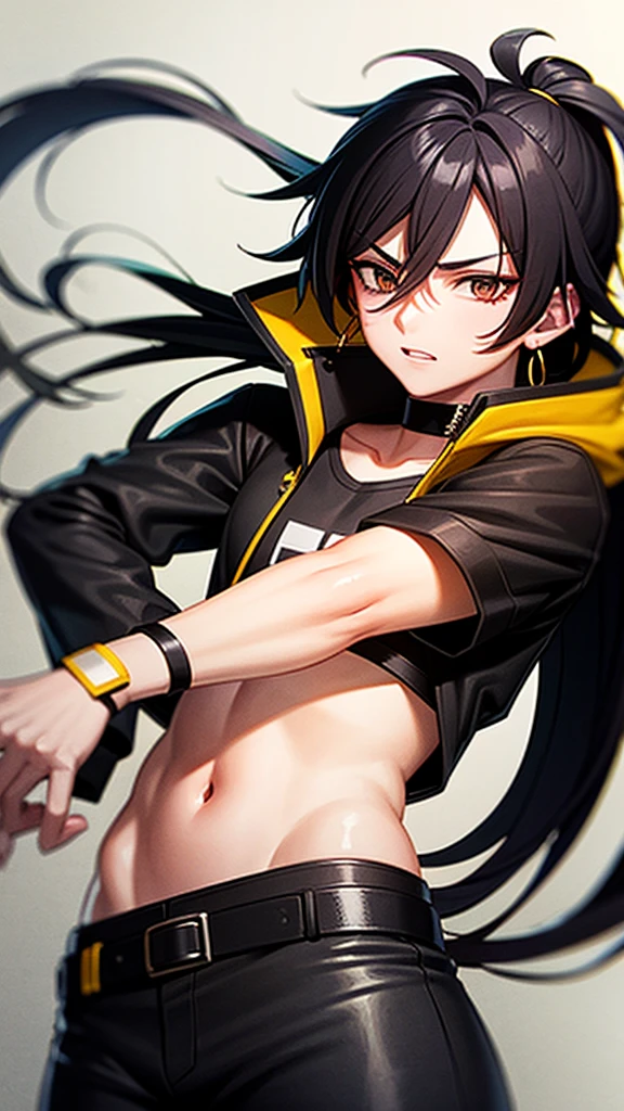 Male character with black hair with a half ponytail and a yellow jacket black eyes u. Black collar, black shirt, anime style, manga style and long hair that is from an anime drawing. With a black shirt with yellow earrings and a yellow jacket with blood. 
