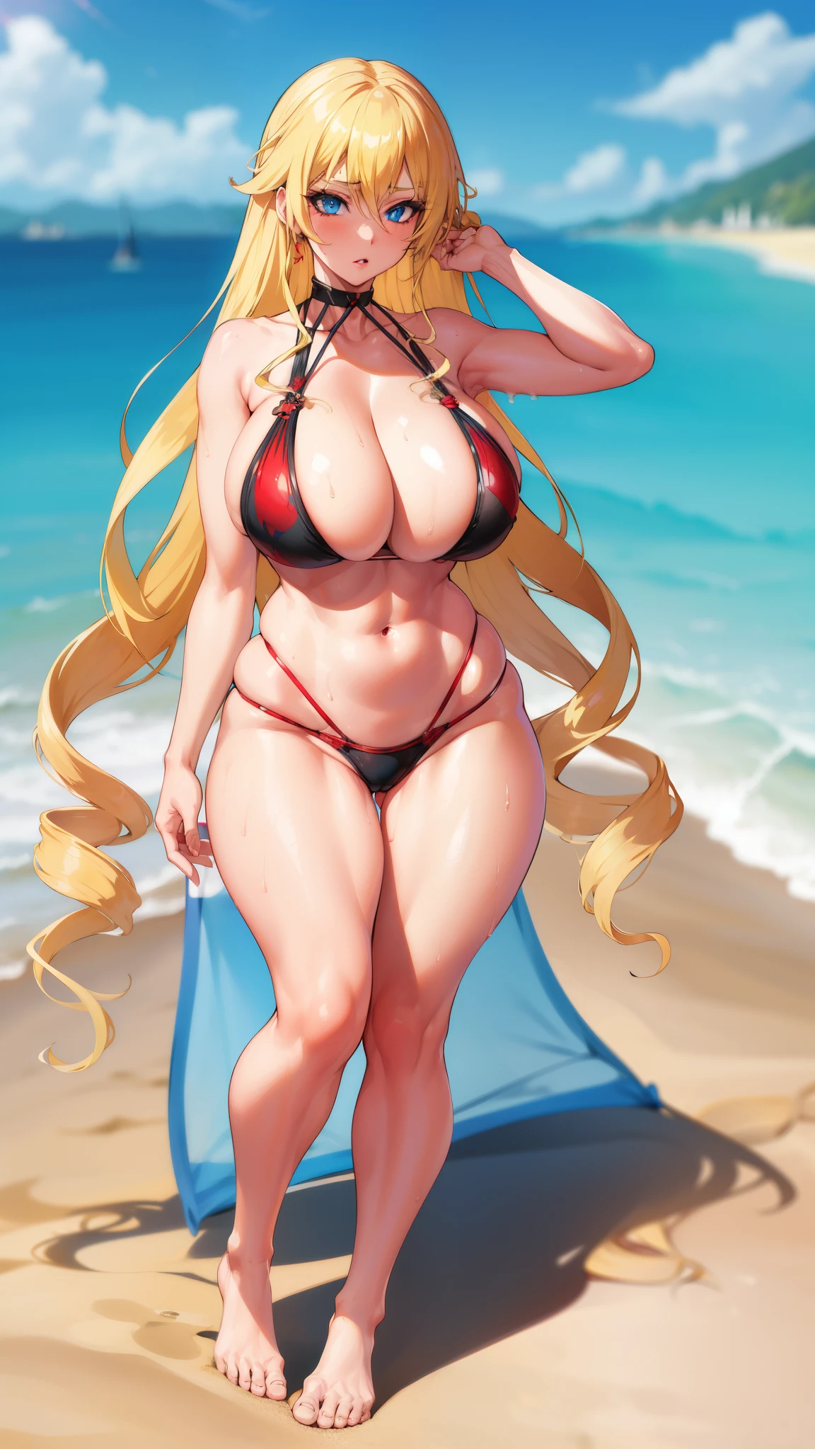 blue eyes,very long hair, huge cleavage,,blonde hair,sweat,girl,,wide hips,view viewer,,,narrow waist,, eyelashes, eyeshadow, lips,, 8k, hdr, raytracing,beach,red competition swimsuit,full body,young face