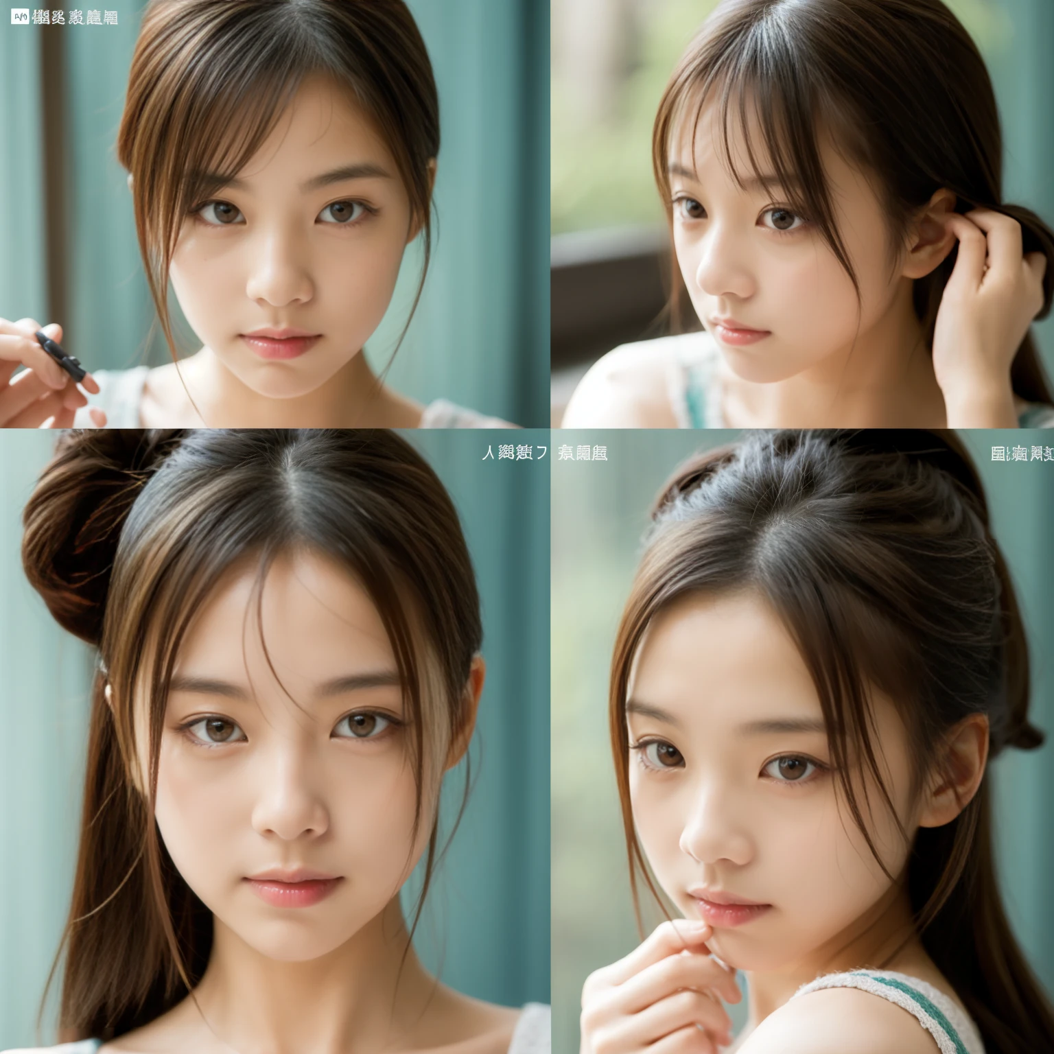 Ultra-realistic、High resolution、High resolution8Kフォトリアリスティック画像。A scene showing two Japanese sisters with completely different looks together。姉は巨乳in長い黒髪in、Kind eyes、Elegant atmosphere。妹は巨乳in短いブロンドの髪をしています(明るい茶髪inも可)in、Lively expressions、Wearing casual clothes。背景は日当たりの良いリビングルームin、暖かい自然光が差し込んinいる。Photo book-like page layout。Representing human skin in detail。