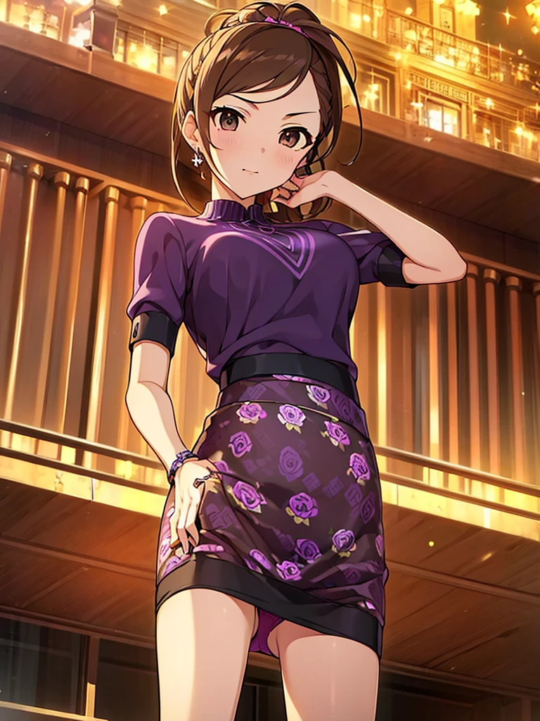 ((masterpiece) (((((Highest quality))))((high resolution))))), Very detailed, Ultra-realistic, 、Brown Hair)、、Short ponytail、((Purple patterned panties))))、Black Skirt、From below、Around town、、Embarrassed、Black clothes、null、building