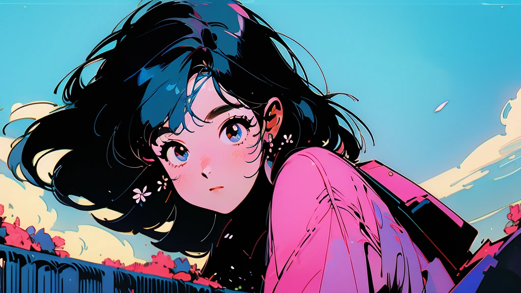 Beautiful flowers are blooming、One cool woman、Looking straight at the camera、The blue sky is spreading