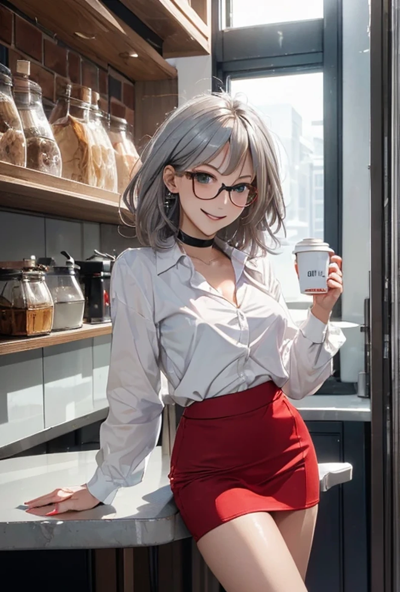 (Photorealistic:1.8, Highest quality:1.8,8K masterpiece:1.8,High resolution,Mastepiece:1.8,RAW Photos,Cinematic lighting)、Detailed Background、((Flat Color))、((colorful))、morning、Cafe、Window light、(A female secretary holding a coffee cup)、TWICE's Tzuyu' on pause、Top view angle、
(choker、Glasses、big chest、White shirt、Black Mini Skirt、Wide open chest、Beautiful thighs、Beautiful breasts)、(fun、smile、A rich expression)、(Medium Hair、Beautiful, shining red, white, brown and silver hair:1.5)、Sparkling Blue Eyes、Random Pause