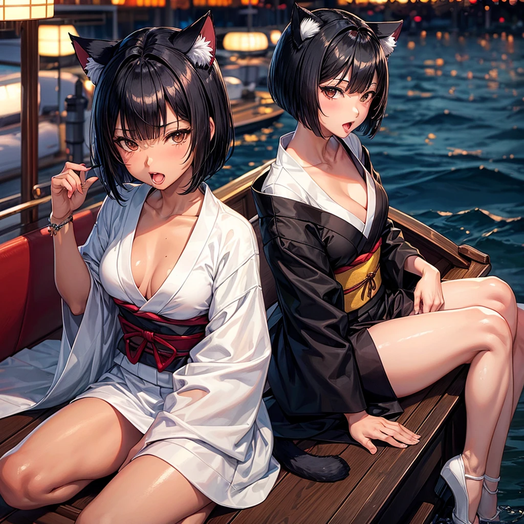 One mature neko girl, tanned skin, black bob hair, cat ear, black eyes, open mouth, licking, night, white sexy japanese kimono. (sitting on boat) (better quality)