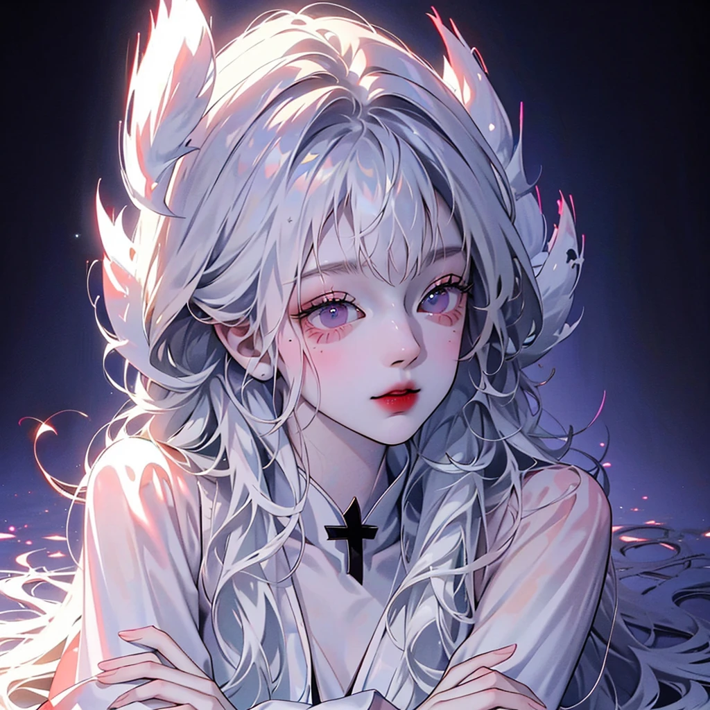 A girl: work of art, anime design, pele pálida e cabelos long white. [ Anime hentai classic; sexly; detailded]. The simple background, but very gothic(sinister forest)with a ghostly bluish background. hairs: long white, wavy with two locks on the face and tied with a ponytail. eyeballs: cor dd mel, cky and shiny, being highlighted in the image and with a cross in place of the pupil, being a bright white cross like a star. stance: the character is looking at the viewer, sitting on a bed with a cute expression and rosy cheeks with a small and cute mouth.