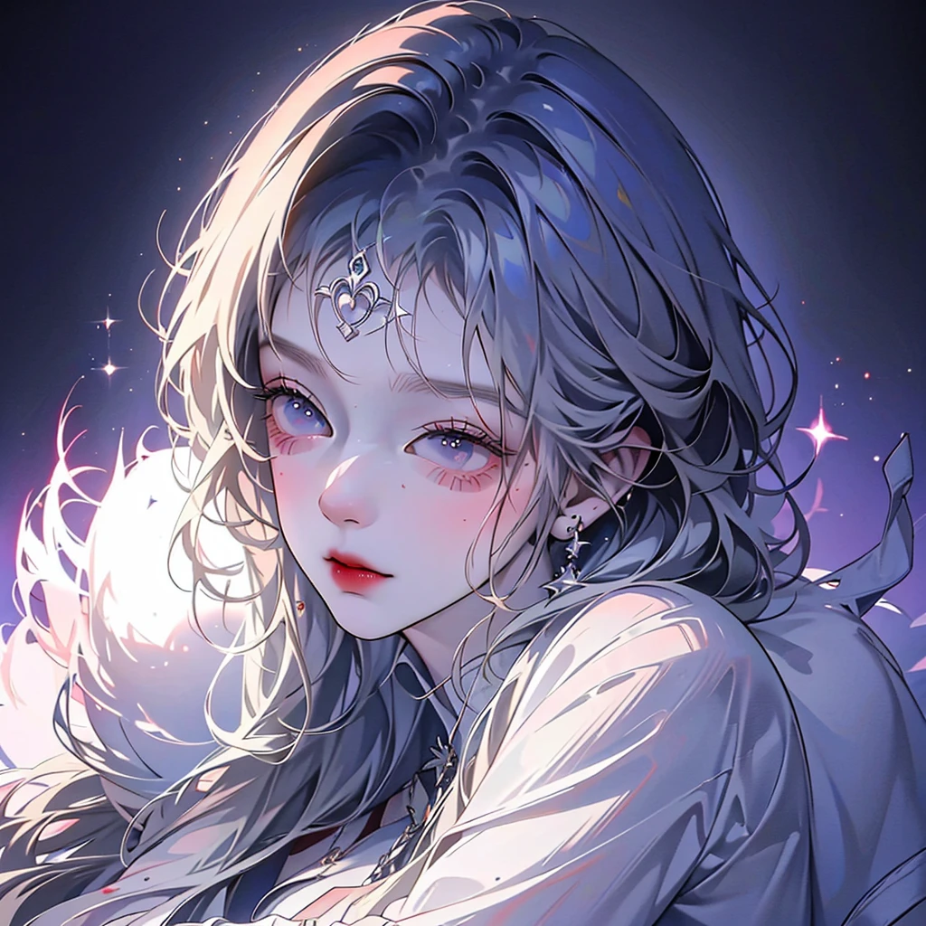 A girl: work of art, anime design, pele pálida e cabelos long white. [ Anime hentai classic; sexly; detailded]. The simple background, but very gothic(sinister forest)with a ghostly bluish background. hairs: long white, wavy with two locks on the face and tied with a ponytail. eyeballs: cor dd mel, cky and shiny, being highlighted in the image and with a cross in place of the pupil, being a bright white cross like a star. stance: the character is looking at the viewer, sitting on a bed with a cute expression and rosy cheeks with a small and cute mouth.