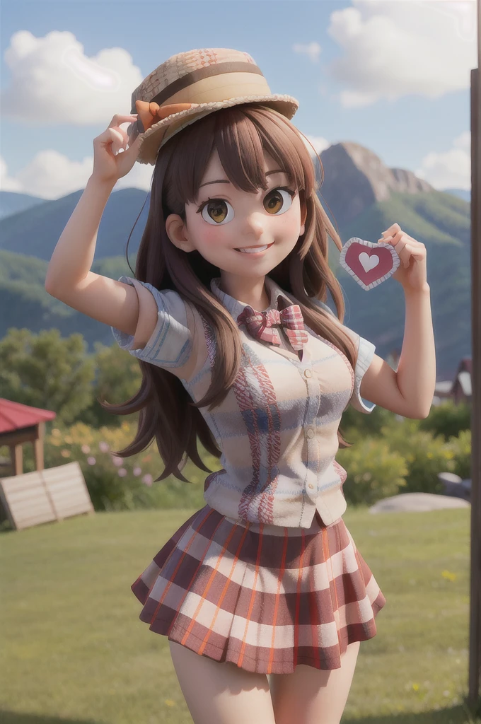 masterpiece, high quality best quality,1girl, bangs, beach, blue_sky, blush, bow, breasts, checkered, checkered_shirt, checkered_skirt, cloud, cloudy_sky, collarbone, day, envelope, giving, grass, hair_bow, heart, holding, holding_letter, horizon, incoming_gift, kazami_yuuka, leaning_forward, lens_flare, letter, light_rays, long_hair, looking_at_viewer, love_letter, mountain, mountainous_horizon, ocean, outdoors, plaid, plaid_background, plaid_bikini, plaid_bow, plaid_bowtie, plaid_bra, plaid_dress, plaid_headwear, plaid_jacket, plaid_legwear, plaid_necktie, plaid_neckwear, plaid_panties, plaid_pants, plaid_ribbon, plaid_scarf, plaid_shirt, plaid_skirt, plaid_vest, pov, shirt, skirt, sky, smile, solo, sun, sunbeam, sunlight, tree, unmoving_pattern