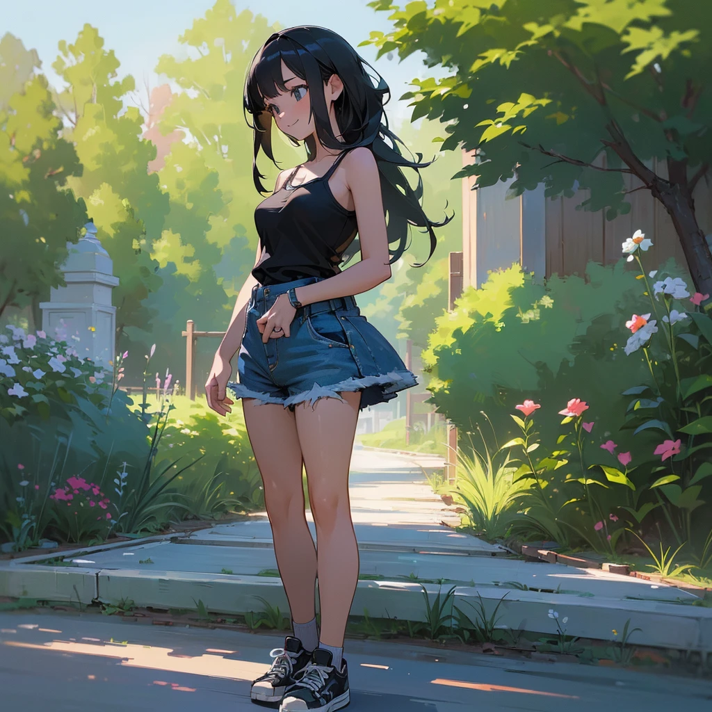 (high quality, High resolution, Very detailed, reality:1.37), Peaceful atmosphere, (Outdoor, garden), age girl standing alone, (my breasts are big.), Beautiful details, Cute Smile, (Black bob hair), camisole, Denim shorts, Black tights, sneakers.