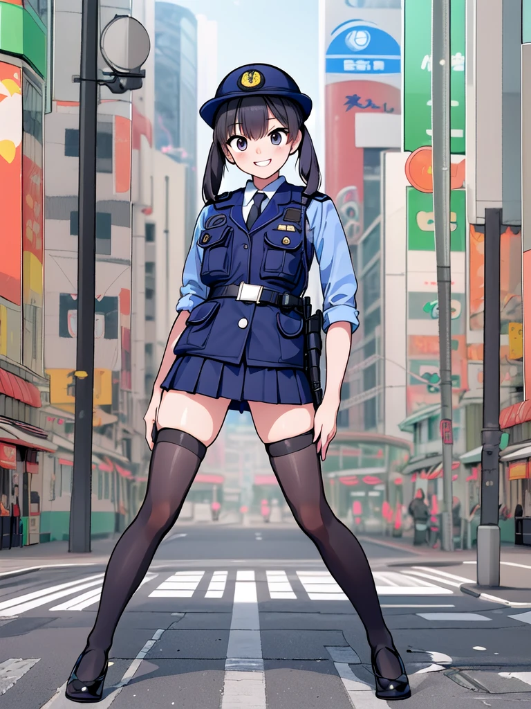 highest quality, masterpiece, 8k, ultra high resolution, (photorealistic:1.4), one girl, young, beautiful expression, symmetrical eyes, perfect body proportions, look at the viewer, long legs (1.3), full body, street, Japanese-police, police uniform, policewoman, one woman, skirt, miniskirt, smile, laugh, stockings,