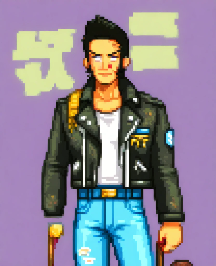 a guy who wears a leather jacket, jeans and a white shirt stained with blood. Hair a little similar to Elvis, long quiff with sideburns, chin a little square. Game character called Retro city Rampage DX character style gta 3